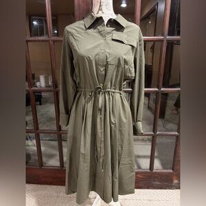 Calvin Klein Green Long Sleeve Notched Collar Shirt Dress